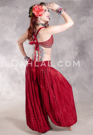 LUNA JADE II Silk Brocade Harem Pant and Medium Sari Halter Top Set - Deep Red and Light Gold