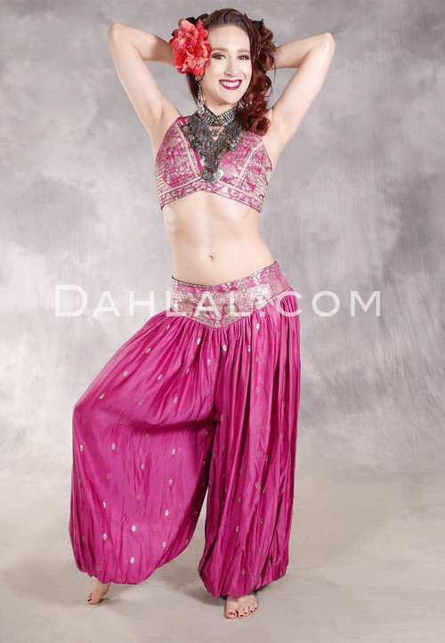 LUNA JADE II Silk Brocade Harem Pant and Medium Sari Halter Top Set - Mauve, Silver and Green