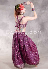 LUNA JADE II Silk Brocade Harem Pant and Medium Sari Halter Top Set - Plum and Antique Silver