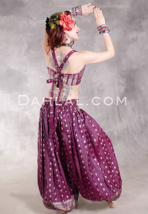 LUNA JADE II Silk Brocade Harem Pant and Medium Sari Halter Top Set - Plum and Antique Silver