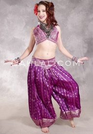 LUNA JADE II Silk Brocade Harem Pant and Medium Sari Halter Top Set - Magenta, Silver and Purple