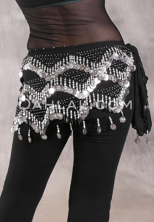 Egyptian Pyramid Coin Hip Scarf - Black and Silver