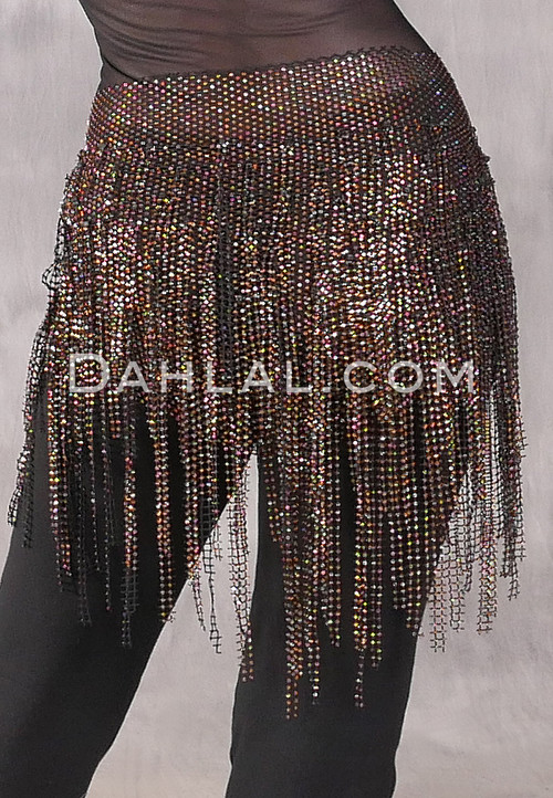 STARLIT Rhinestone Deep V Hip Shawl - Black with Coppery Gold Rhinestones