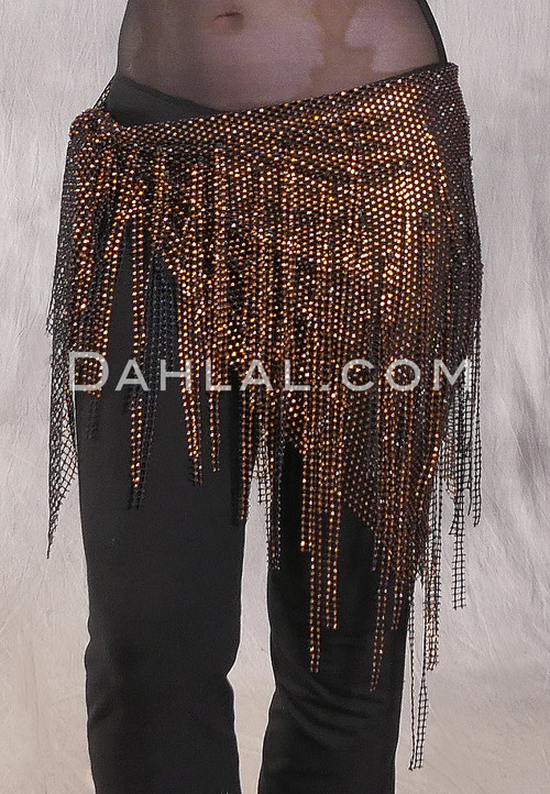 STARLIT Rhinestone Deep V Hip Shawl - Black with Coppery Gold Rhinestones