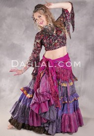 MOON FLOWER 25 Yard Printed Silk Tiered Ruched Skirt - Dusty Magenta, Blue Iris, Steele and Gold