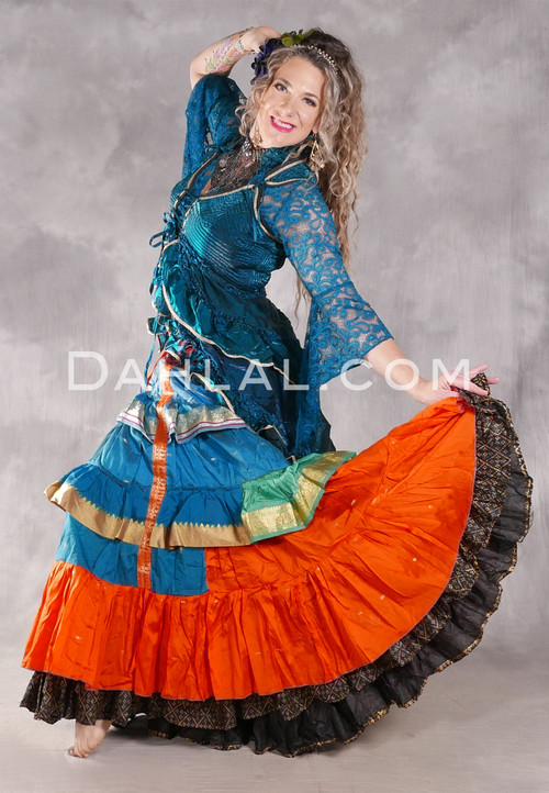 MOONLIGHT AVALON 25 Yard Silk Tiered Ruched Skirt - Teal, Orange, Gold and Wine