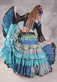 MOON FLOWER 25 Yard Printed Silk Tiered Ruched Skirt - Aqua, Blue, Gray, Green and Gold