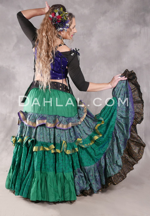 MOON FLOWER 25 Yard Printed Silk Tiered Ruched Skirt - Green, Emerald, Sage Iris, Purple, Wine and Gold
