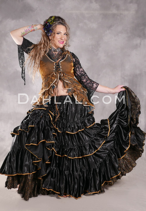 DARK MOON Black Satin 25 Yard Tiered Skirts - Black with Gold