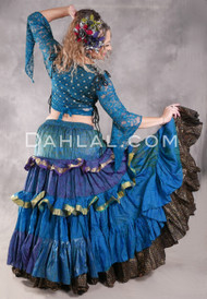 MOON FLOWER 25 Yard Printed Silk Tiered Ruched Skirt -Electric Royal Blue, Blue, Green, Purple and Gold