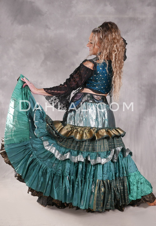 MOONLIGHT AVALON 25 Yard Silk Tiered Ruched Skirt - Dusty Teal, Emerald, Forest Green, Silver and Gold