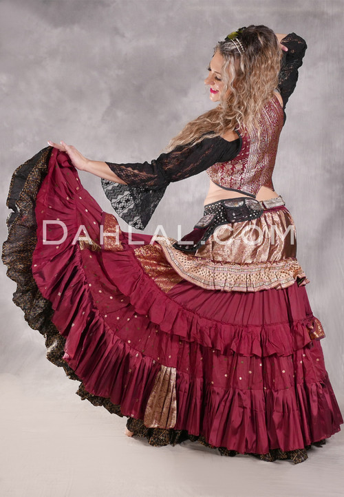 MOONLIGHT AVALON 25 Yard Silk Tiered Ruched Skirt - Rose Wine, Cream, Olive and Gold