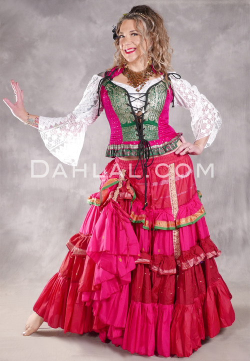 MOONLIGHT AVALON 25 Yard Silk Tiered Ruched Skirt - Fuchsia, Red, Wine, Green and Gold