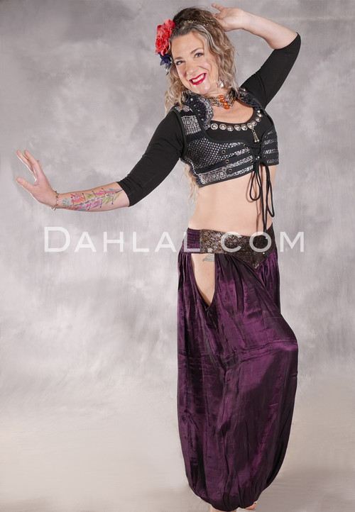 LUNA JADE Draped Silk Brocade Harem Pant -Plum, Silver, Copper and Green
