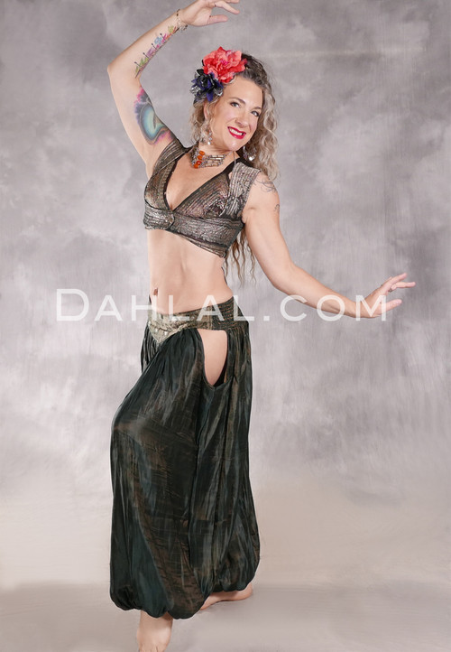 LUNA JADE Draped Silk Brocade Harem Pant - Iridescent Forest Green, Silver and Sage