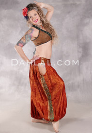 LUNA JADE Draped Silk Brocade Harem Pant - Burnt Orange, Green and Gold