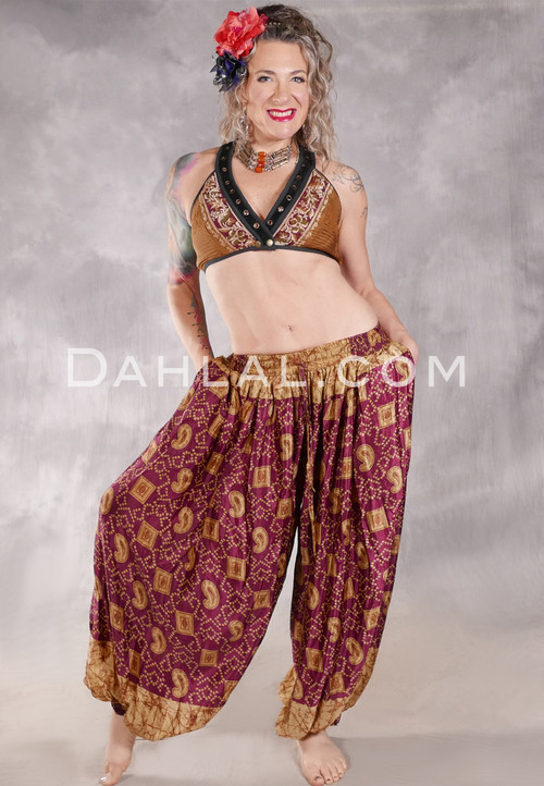 BEYOND THE DESERT Silk Blend Pocket Harem Pants - Wine and Gold