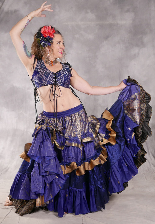 MOONLIGHT AVALON 25 Yard Silk Tiered Ruched Skirt - Royal Blue, Navy and Gold