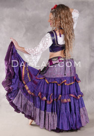 MOON FLOWER 25 Yard Printed Silk Tiered Ruched Skirt - Lavender, Purple, Green, Red and Gold