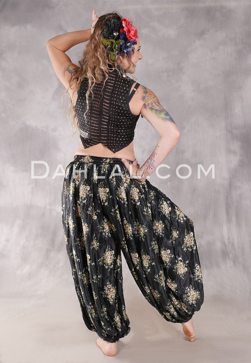 BEYOND THE DESERT Silk Blend Pocket Harem Pant - Black with Floral Print