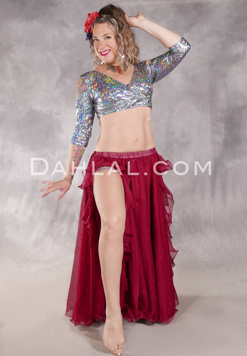 Ruffled Sparkle Double Chiffon Skirt - Wine