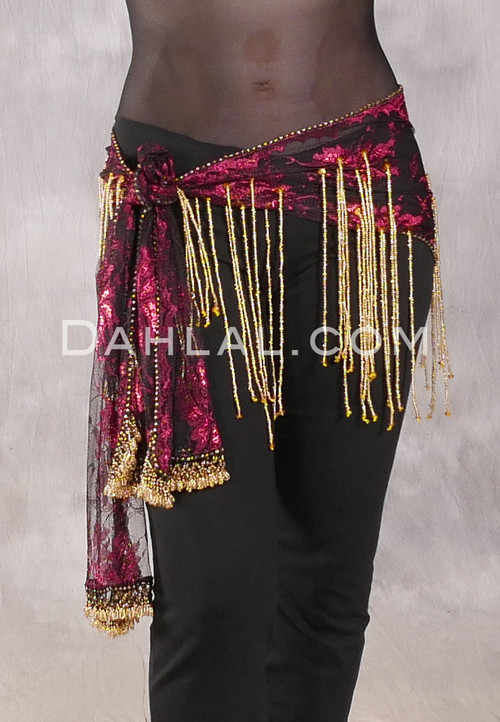 Egyptian Lace Hip Wrap - Black, Wine and Gold