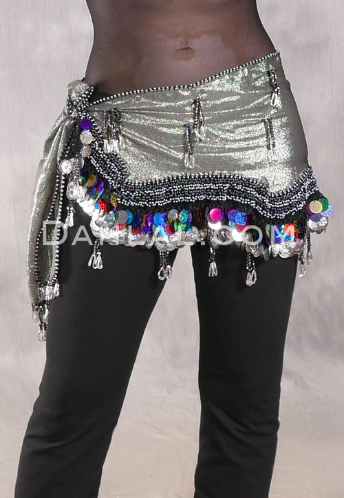 LUXOR WAVE Egyptian Hip Scarf - Metallic Green and Gold with Multi-color and Silver
