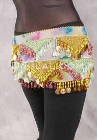 Egyptian Hip Scarf With Beads And Coins - Tie-Dye with Mint, Red Iris and Gold