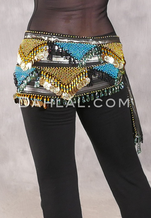 Egyptian Hip Scarf With Beads And Coins - Metallic Stripe with Turquoise, Black, Green Iris and Gold
