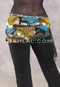 Egyptian Hip Scarf With Beads And Coins - Metallic Stripe with Turquoise, Black, Green Iris and Gold