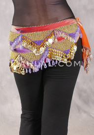 Egyptian Hip Scarf With Beads And Coins -Feather Print with Purple, Lavender Iris and Gold