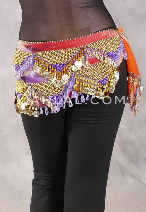 Egyptian Hip Scarf With Beads And Coins -Feather Print with Purple, Lavender Iris and Gold