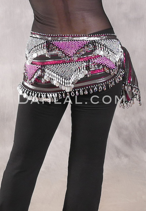 Egyptian Hip Scarf With Beads And Coins - Metallic Stripe with Silver, Pink and Multi-color