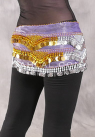 Egyptian Hip Scarf With Beads And Coins - Lavender with Gold and Silver