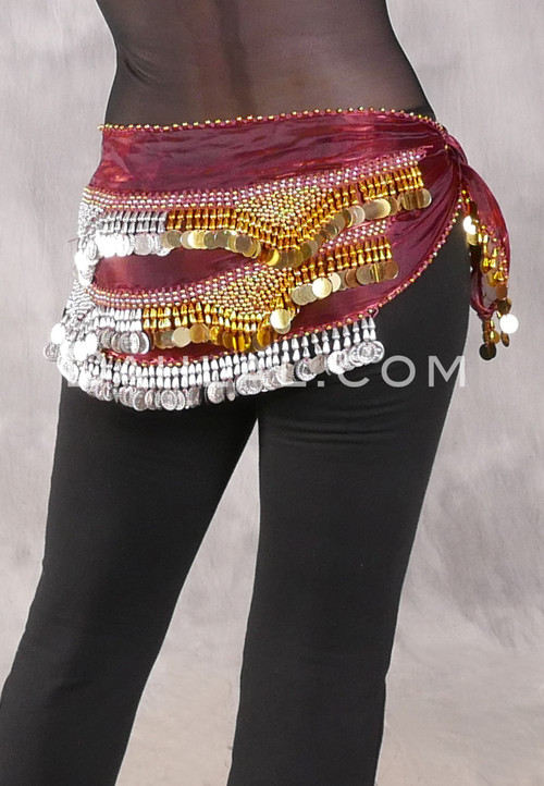 Egyptian Hip Scarf With Beads And Coins - Wine with Gold and Silver