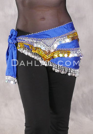 Egyptian Hip Scarf With Beads And Coins - Royal Blue with Gold and Silver, #26-08