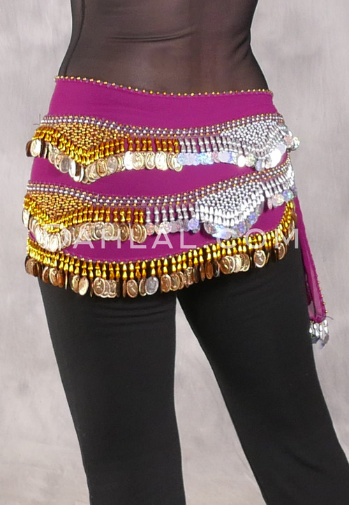 Egyptian Hip Scarf With Beads And Coins - Magenta with Gold and Silver