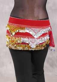 Egyptian Hip Scarf With Beads And Coins - Red with Gold and Silver