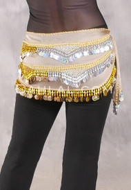 Egyptian Hip Scarf With Beads And Coins - Golden Cream with Gold and Silver
