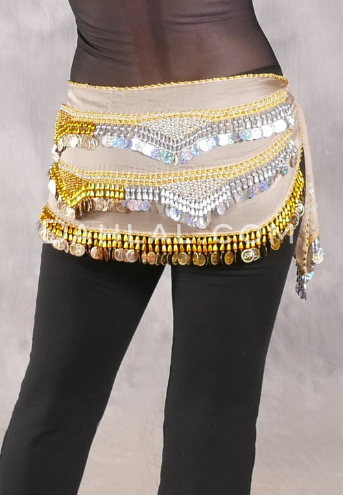 Egyptian Hip Scarf With Beads And Coins - Golden Cream with Gold and Silver
