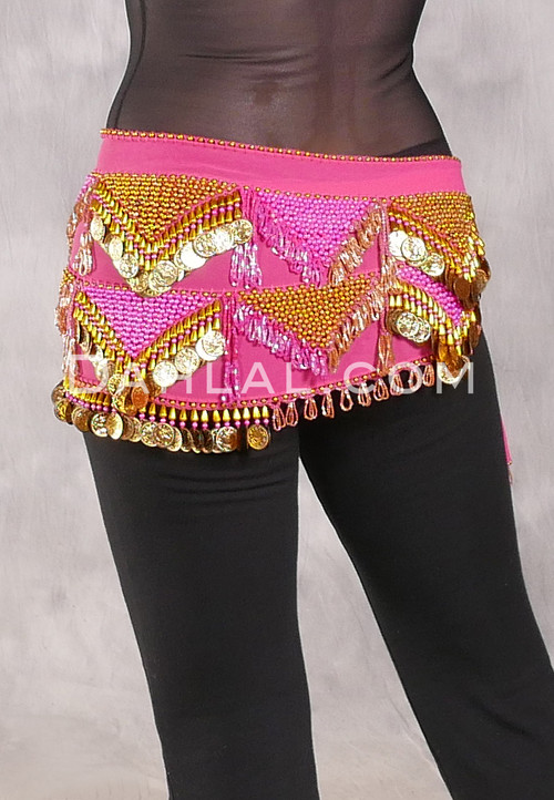 Egyptian Hip Scarf With Beads And Coins - Pink with Gold