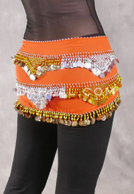 Egyptian Hip Scarf With Beads And Coins - Orange with Gold and Silver