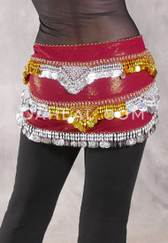 Egyptian Hip Scarf With Beads And Coins - Metallic Wine with Gold and Silver