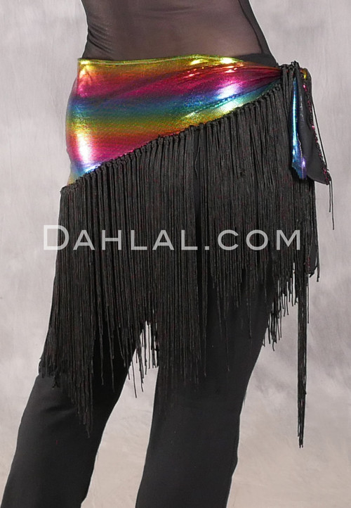 Lycra Fringe Hip Scarf - Metallic Rainbow with Black