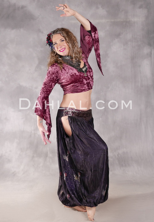 LUNA JADE Draped Silk Brocade Harem Pant - Midnight Plum, Silver, Wine, Green and Rose