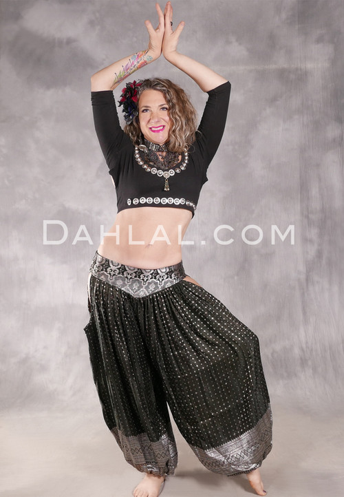 LUNA JADE Draped Silk Brocade Harem Pant - Black with Silver