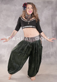 LUNA JADE Draped Silk Brocade Harem Pant - Dark Olive, Silver and Rose