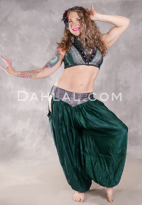 LUNA JADE Draped Silk Brocade Harem Pant - Emerald, Silver and Rose