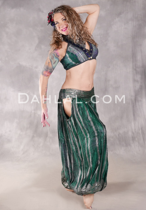 LUNA JADE Draped Silk Brocade Harem Pant - Green, Silver and Plum
