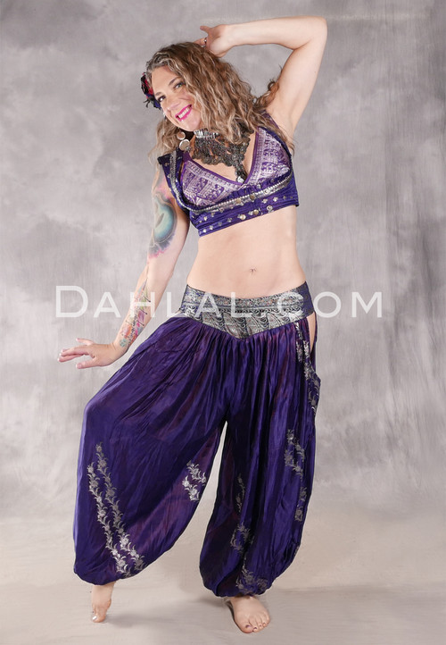 LUNA JADE Draped Silk Brocade Harem Pant - Purple, Silver and Copper